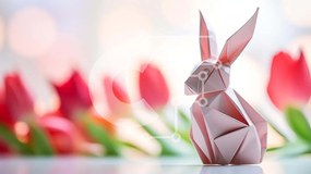 Intra Συλλεκτικό Ξύλινο Παζλ Plywood  4mm - Κουνέλι Origami και κόκκινες τουλίπες την άνοιξη Σε Ξύλινο Κουτί - Διαστάσεις: 10x10 cm – 25 κομμάτια
