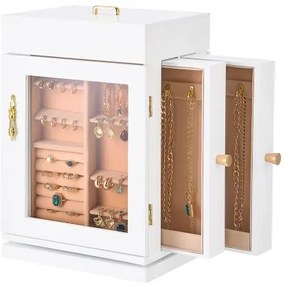 VEVOR Jewelry Box 360° Rotating Jewelry Organizer with 4 Necklace Hooks White