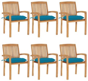 Καρέκλες Κήπου Στοιβαζόμενες 6 τεμ. Μασίφ Ξύλο Teak &amp; Μαξιλάρια - Μπλε