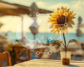 Intra Συλλεκτικό Ξύλινο Παζλ Plywood  4mm - Ηλίανθος σε υπαίθριο ξύλινο τραπέζι κοντά στην παραλία Σε Ξύλινο Κουτί - Διαστάσεις: 10x10 cm – 25 κομμάτια