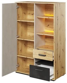 Σετ επίπλων Fresno N112, Γκρι, Μαύρο, Artisan βελανιδιά, Πλαστικοποιημένη μοριοσανίδα, Πόρτες ντουλάπας: Με μεντεσέδες, Τάβλες για Κρεβάτι, 90x200