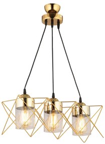 202-0036 GloboStar®  PLEX 202-0036 Μοντέρνο Κρεμαστό Φωτιστικό Πλέγμα Τρίφωτο 3 x E27 IP20 Χρυσό Μέταλλο με Διάφανο Γυαλί - Μ56 x Π17 x Υ24cm