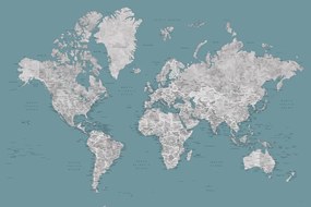 Χάρτης Teal and grey detailed watercolor world map with cities, Urian, Blursbyai