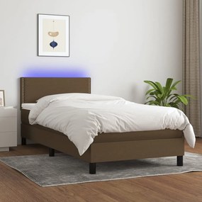 vidaXL Κρεβάτι Boxspring με Στρώμα &amp; LED Σκ.Καφέ 100x200 εκ Υφασμάτινο