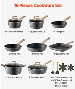 VEVOR 19 Piece Pots and Pans Set Granite Nonstick Kitchen Cookware Black