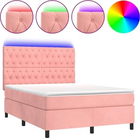 vidaXL Κρεβάτι Boxspring με Στρώμα &amp; LED Ροζ 140x200 εκ. Βελούδινο