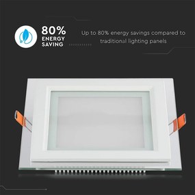 V-TAC LED panel χωνευτό 12W 6400K Ψυχρό λευκό Τετράγωνο γυάλινο