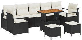 vidaXL 10 Τεμαχίων Σετ Καναπέ Κήπου με Μαξιλάρια Μαύρο Πολυ Ρατάν Ακακία