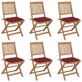 Καρέκλες Κήπου Πτυσσόμενες 6 τεμ Μασίφ Ξύλο Ακακίας &amp; Μαξιλάρια - Κόκκινο