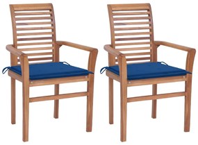 Καρέκλες Τραπεζαρίας 2 τεμ. Μασίφ Ξύλο Teak &amp; Μπλε Μαξιλάρια