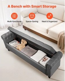 VEVOR Button-Tufted Storage Ottoman Bench Rolled Arm PU Leather Wood Legs Gray