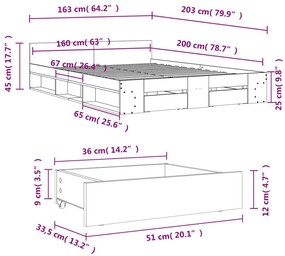 Πλαίσιο Κρεβατιού με συρτάρια Γκρι Σκυρ. 160x200 εκ. Επεξ. Ξύλο - Γκρι