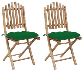 Καρέκλες Κήπου Πτυσσόμενες 2 τεμ. από Μπαμπού με Μαξιλάρια - Πράσινο