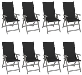 Καρέκλες Κήπου Ανακλιν. 8 τεμ. Γκρι Ξύλο Ακακίας &amp; Μαξιλάρια