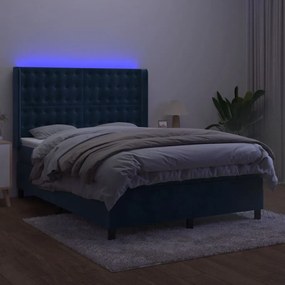 vidaXL Κρεβάτι Boxspring με Στρώμα & LED Σκ. Μπλε 140x190εκ. Βελούδινο