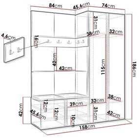 Σετ διαδρόμου Hartford 266, 186x158x46cm, 77 kg, Άσπρο, Ταπισερί, Πλαστικοποιημένη μοριοσανίδα, Εντοιχισμένη, Τοίχου | Epipla1.gr