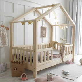 Κρεβάτι Παιδικό Montessori House Bed Duo με κάγκελα 30cm σε Φυσικό  Ξύλο  90×190cm  Luletto (Δώρο 10% έκπτωση στο Στρώμα)