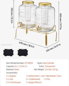 VEVOR Drink Dispenser 8L Beverage Dispenser for Parties Glass with Stand 2PCS