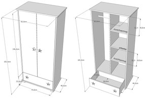 Ντουλάπα  2φυλλη  Stars White + Oak  83x48x183cm  BC30042 BabyCute