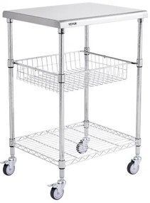 VEVOR Kitchen Utility Cart, 3 Tiers, Wire Rolling Cart with 470LBS Capacity, Steel Service Cart on Wheels, Metal Storage Trolley with 76mm Basket Curved Handle PP Liner 6 Hooks, for Indoor and Outdoor