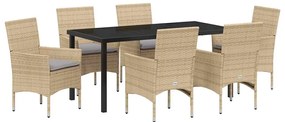 vidaXL Σέτ φαγητού για κήπο με μαξιλάρι 7 pcs Μπεζ συνθετικό ρατάν