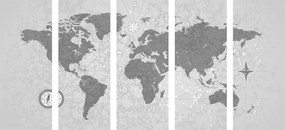 Χάρτης με 5 μέρη εικόνας του κόσμου με πυξίδα σε ρετρό στυλ σε ασπρόμαυρο