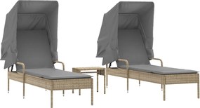 vidaXL Ξαπλώστρες 2 Τεμ. Μπεζ Συνθ. Ρατάν με Σκίαστρα και Τραπεζάκια