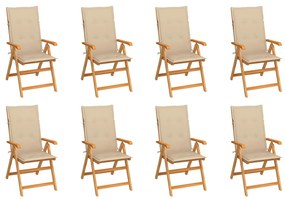 3072544 vidaXL Καρέκλες Κήπου Ανακλινόμενες 8 τεμ. Μασίφ Ξύλο Teak &amp; Μαξιλάρια Μπεζ, 1 Τεμάχιο