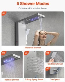 VEVOR Shower Panel Tower System Stainless Steel Column Rainfall Head 5 Modes
