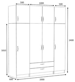 Ντουλάπα ρούχων Victoria Megapap τετράφυλλη με πατάρι και συρτάρια χρώμα λευκό 200x60x240εκ.