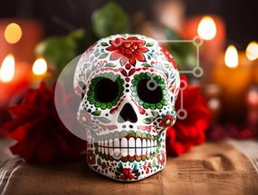 Intra Συλλεκτικό Ξύλινο Παζλ Plywood  4mm - Διακοσμητικό Sugar Skull για την Ημέρα των Νεκρών Σε Ξύλινο Κουτί - Διαστάσεις: 10x10 cm – 25 κομμάτια