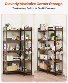 VEVOR 5 Tier Corner Bookshelf Tall Corner Bookcase with 4 Hooks L-Shaped Storage