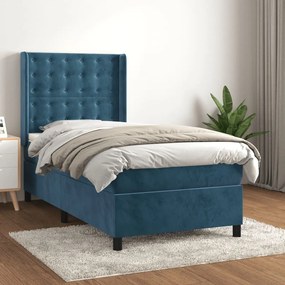 Κρεβάτι Boxspring με Στρώμα Σκούρο Μπλε 90x190 εκ. Βελούδινο