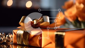 Intra Συλλεκτικό Ξύλινο Παζλ Plywood 4mm - Πορτοκαλί κουτί δώρου με χρυσή κορδέλα και τουλίπες Σε Ξύλινο Κουτί - Διαστάσεις Puzzle: 10x10 cm – 25 κομμάτια