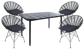 Σετ Τραπεζαρία Κήπου ArteLibre ANNIUS Μαύρο Μέταλλο/Rattan/Γυαλί Με 4 Καρέκλες 14990384-14990384