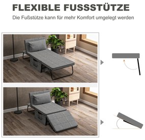 HOMCOM Κρεβάτι-καναπές 4-σε-1, κρεβάτι επισκεπτών, ρυθμιζόμενο ύψος, στρώμα, πλαϊνές τσέπες, μεταλλικό πλαίσιο, γκρι, 188 x 75 x 38 cm