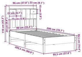 Κρεβάτι Βιβλιοθήκη Χωρίς Στρώμα 90x200 εκ. Μασίφ Ξύλο Πεύκου - Καφέ