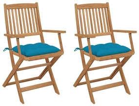 Καρέκλες Κήπου Πτυσσόμενες 2 τεμ Μασίφ Ξύλο Ακακίας &amp; Μαξιλάρια - Μπλε