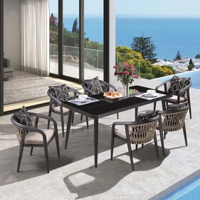 JARDIN Τραπεζαρία ALU Ανθρακί, HPL Μαύρο, Rope Μπεζ: Τραπέζι 6 Πολυθρόνες με Μαξιλάρια Table:180x90x75 Chair:63x62x77 Ε6742,S1