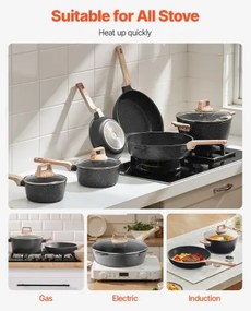 VEVOR 17 Piece Pots and Pans Set Granite Nonstick Kitchen Cookware Black