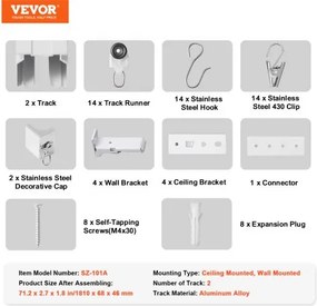 VEVOR Ceiling Curtain Track Set 5.9 FT/1.8 Meter Room Divider with Hooks White