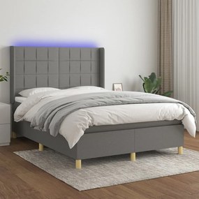 vidaXL Κρεβάτι Boxspring με Στρώμα & LED Σκ.Γκρι 140x190εκ. Υφασμάτινο