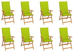 Καρέκλες Κήπου Ανακλινόμενες 8 τεμ. Μασίφ Ξύλο Teak &amp; Μαξιλάρια - Πράσινο