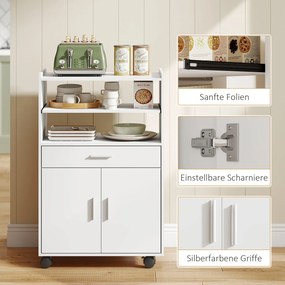 HOMCOM ντουλάπι μικροκυμάτων, ράφι, ντουλάπι διπλής πόρτας, συρτάρι, τροχοί, λευκό