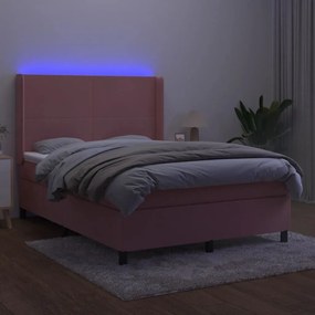 Κρεβάτι Boxspring με Στρώμα &amp; LED Ροζ 140x190 εκ. Βελούδινο - Ροζ