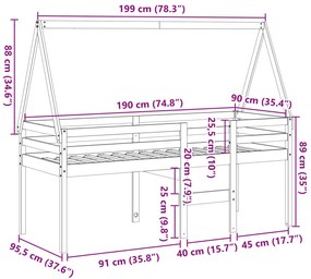 Κρεβάτι Υπερυψωμένο με Οροφή Λευκό 90x190 εκ. Μασίφ Ξύλο Πεύκου - Λευκό