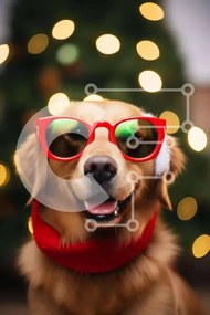 Intra Συλλεκτικό Ξύλινο Παζλ Plywood  4mm - Golden Dog με κόκκινα γυαλιά ηλίου και πορτοκαλί φουλάρι Σε Ξύλινο Κουτί - Διαστάσεις: 10x10 cm – 25 κομμάτια
