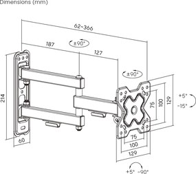 POWERTECH επιτοίχια βάση τηλεόρασης PT-1279, 13-32", έως 20kg, full motion