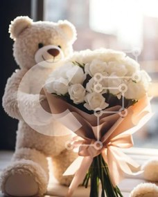 Intra Συλλεκτικό Ξύλινο Παζλ Plywood 4mm - Λευκό αρκουδάκι με λευκά τριαντάφυλλα Σε Ξύλινο Κουτί - Διαστάσεις Puzzle: 10x10 cm – 25 κομμάτια