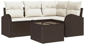 vidaXL Σετ Καναπέ Κήπου με μαξιλάρι 5 pcs Καφέ και λευκό Πολυ ράταν